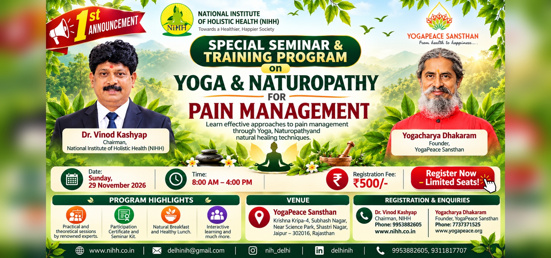 First Announcement: Yoga & Naturopathy for Pain Management Seminar in Jaipur